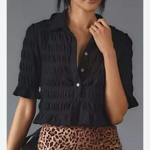 Maeve Smocked Button-Front Top Black Sz XS Three-Quarter Sleeves Romantic